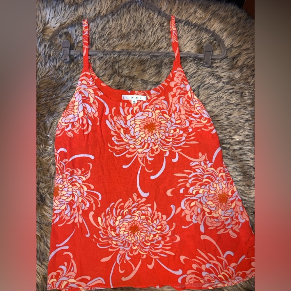 Cabi Lovely Day Orange White Floral Printed Tank Size XSmall